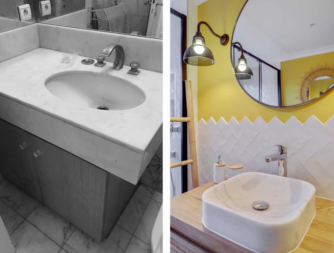 Avant - après : Rénovation d'un salle de bain jaune safran